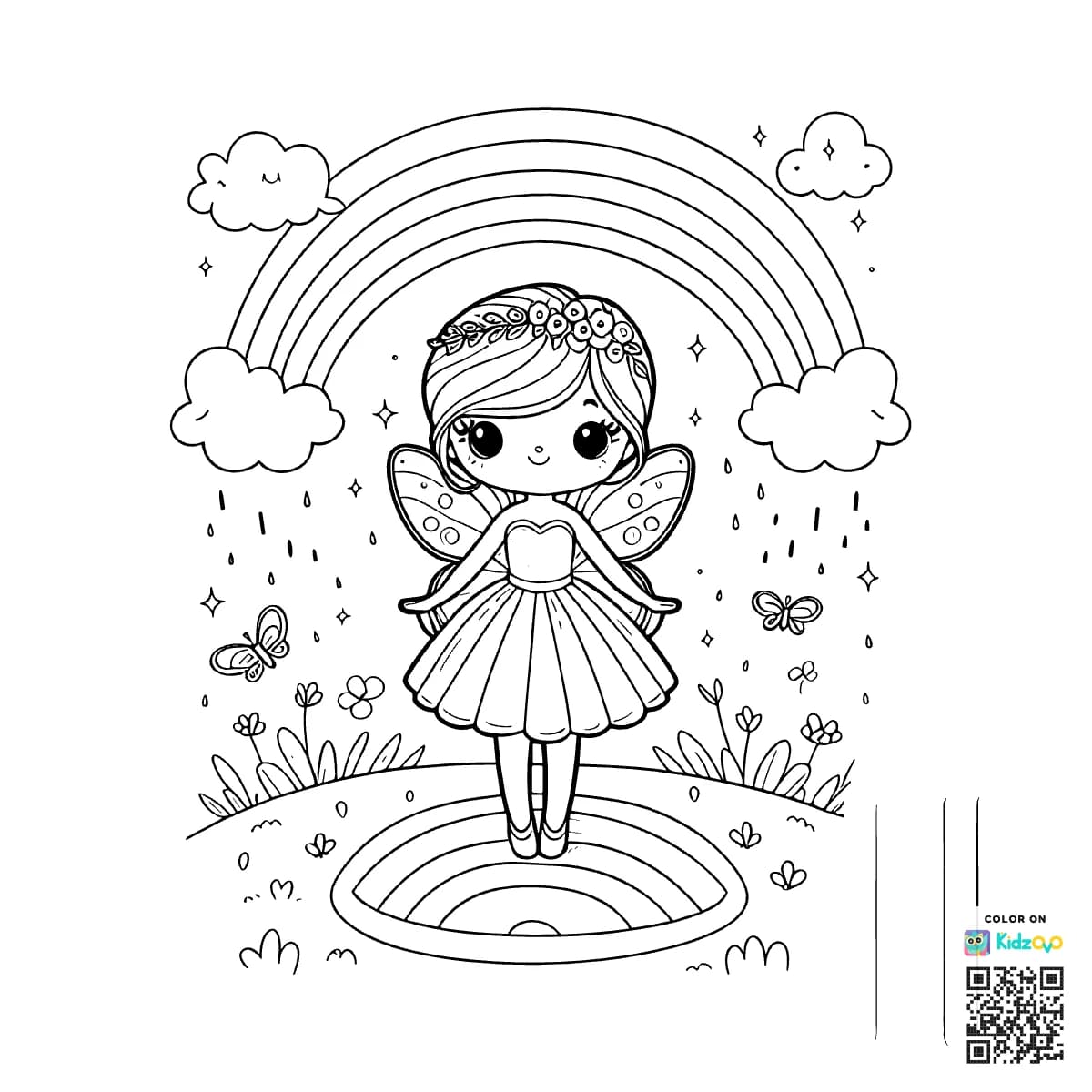 A Cute Fairy on a Rainbow wearing a beautiful dress