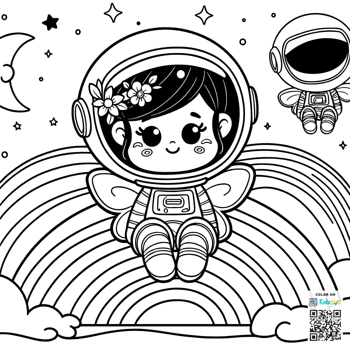 A Cute Fairy on a Rainbow wearing an astronaut suit