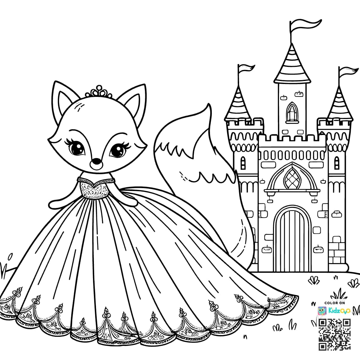 A Cute Fox in a Castle wearing a beautiful dress