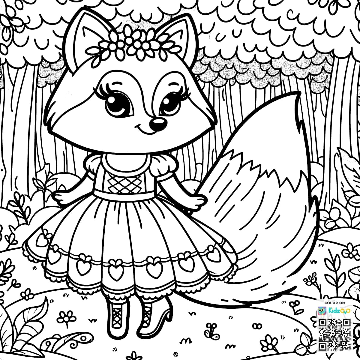 A Cute Fox in the Magic Forest wearing a beautiful dress