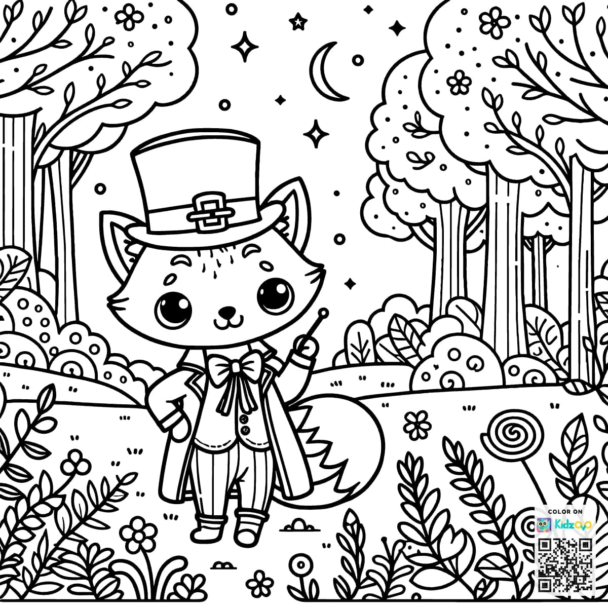 A Cute Fox in the Magic Forest wearing a Top Hat