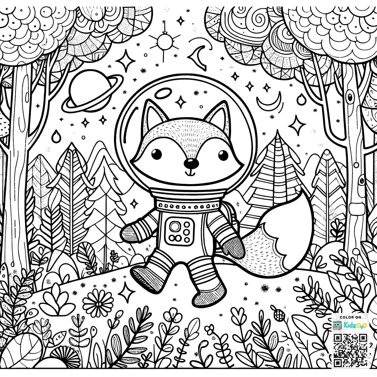A Cute Fox in the Magic Forest wearing an astronaut suit