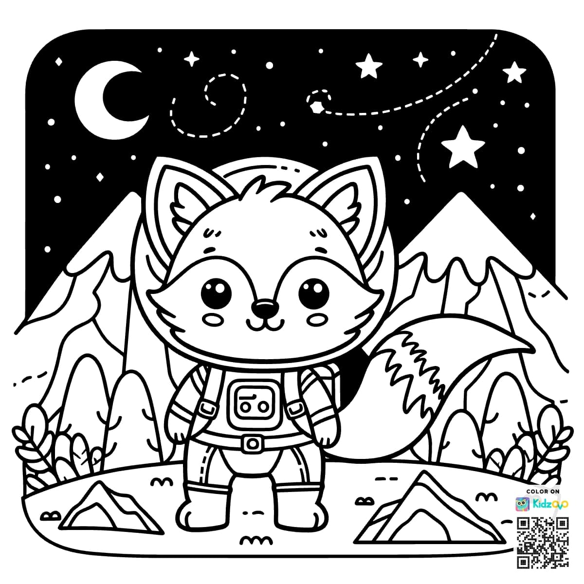 A Cute Fox in the Mountains wearing an astronaut suit