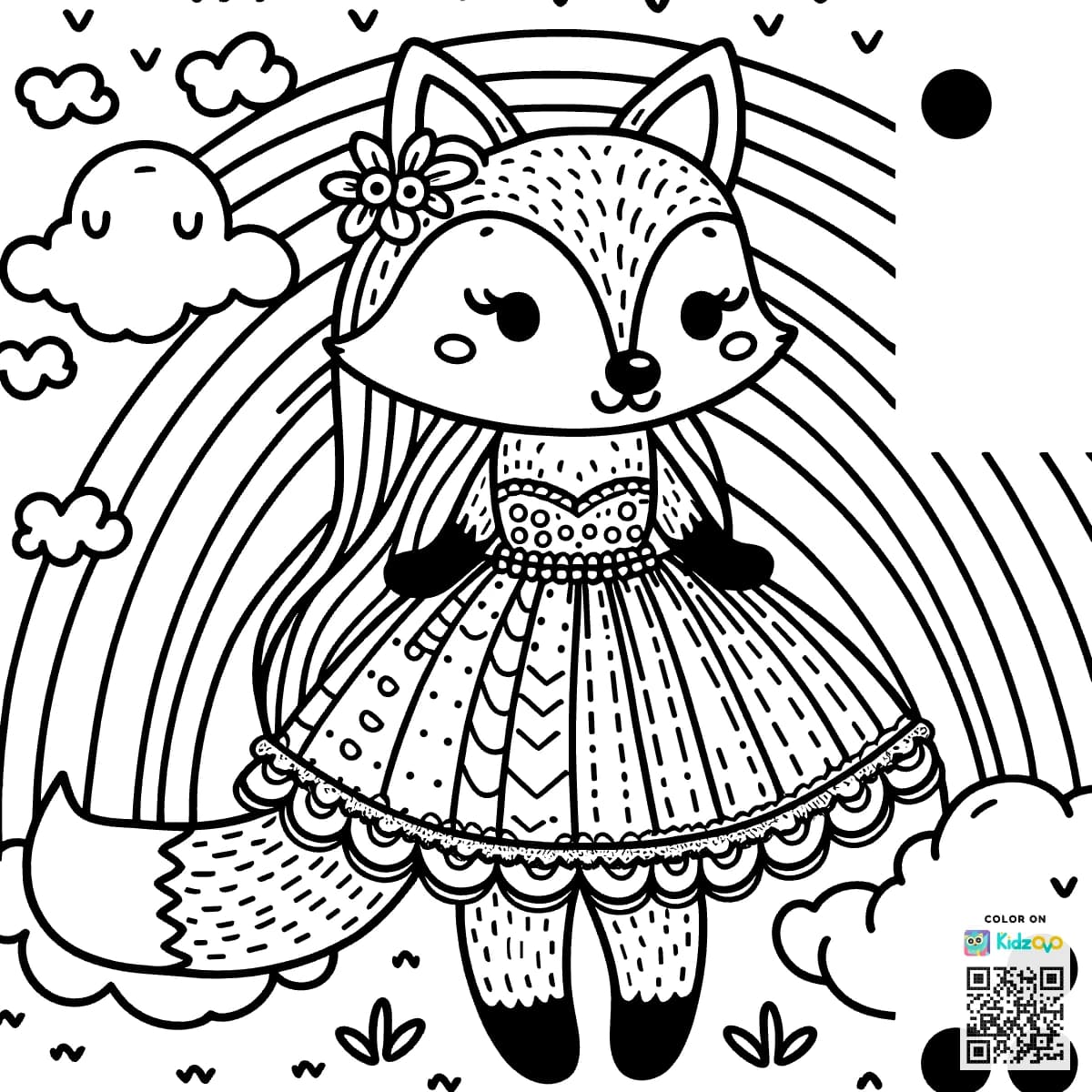 A Cute Fox on a Rainbow wearing a beautiful dress