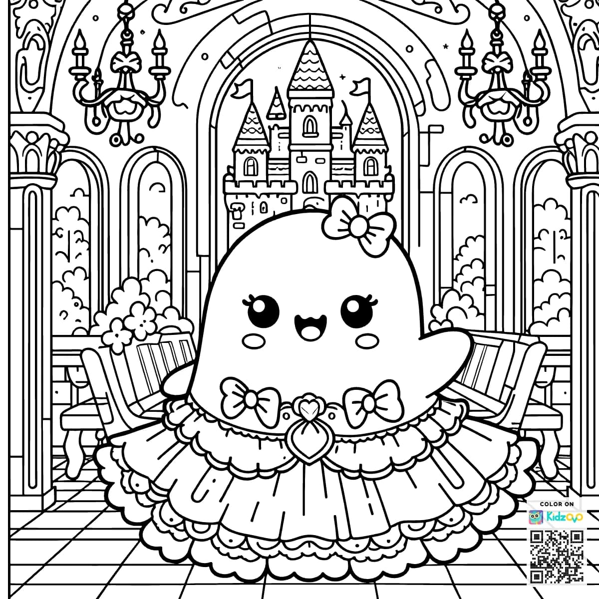 A Cute Ghost in a Castle wearing a beautiful dress
