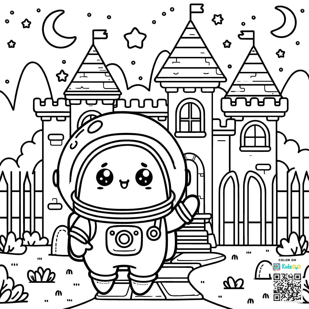 A Cute Ghost in a Castle wearing an astronaut suit