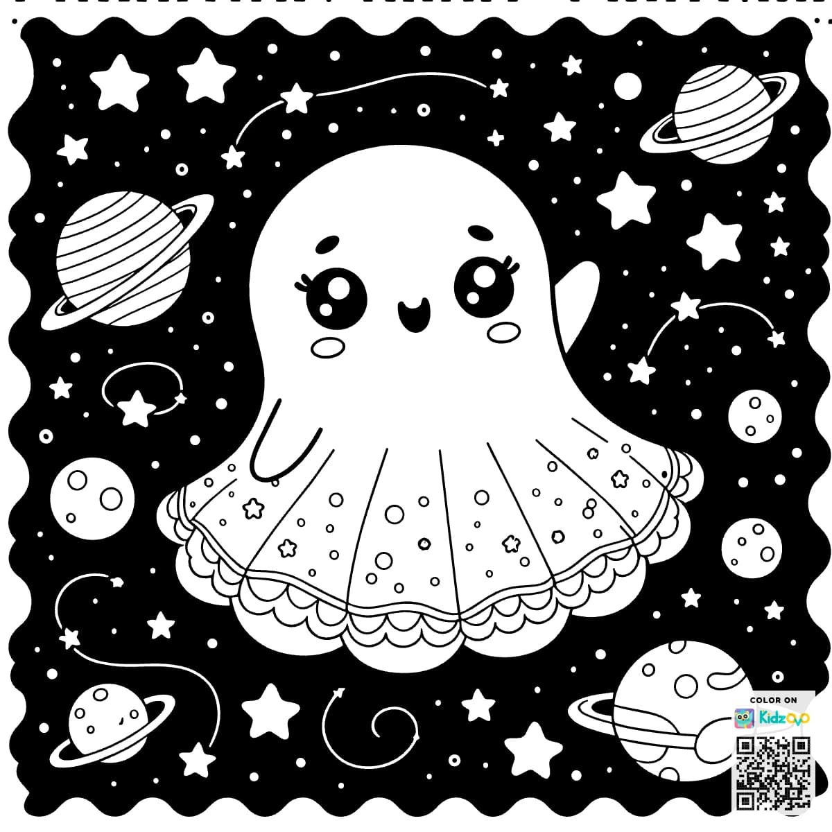 A Cute Ghost in Space wearing a beautiful dress