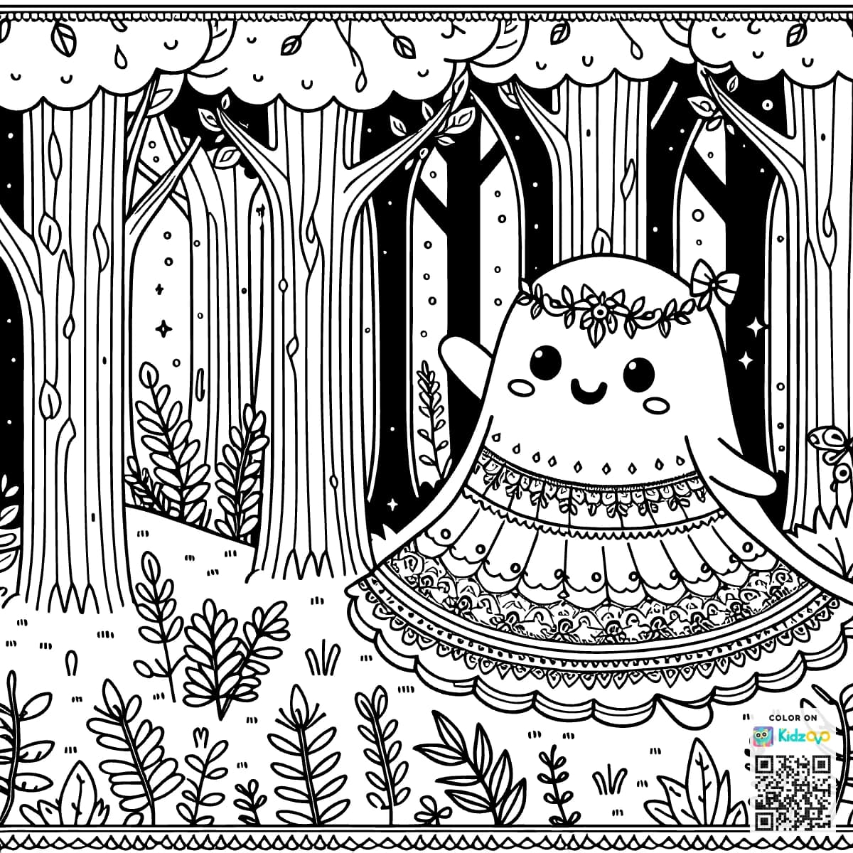A Cute Ghost in the Magic Forest wearing a beautiful dress