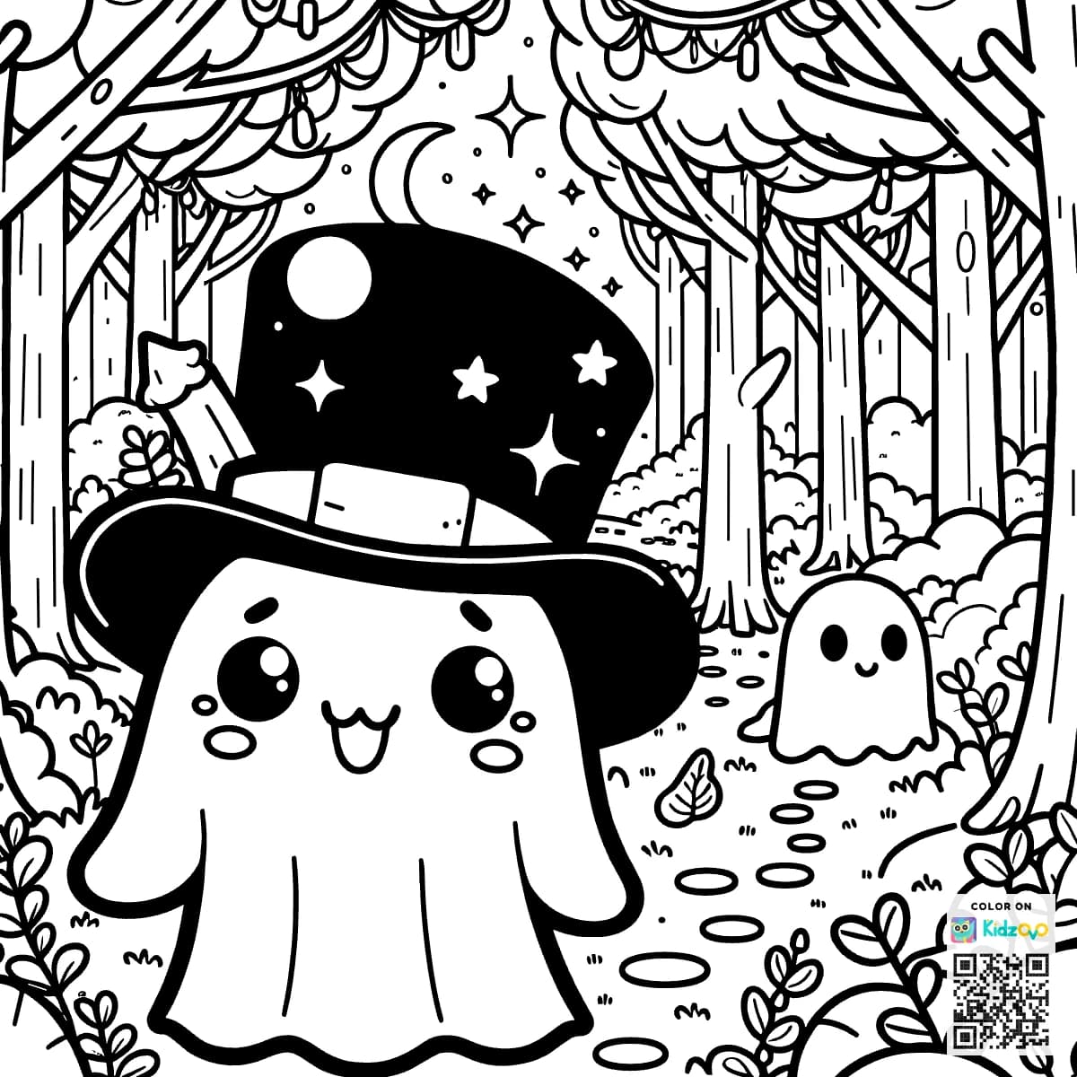 A Cute Ghost in the Magic Forest wearing a Top Hat