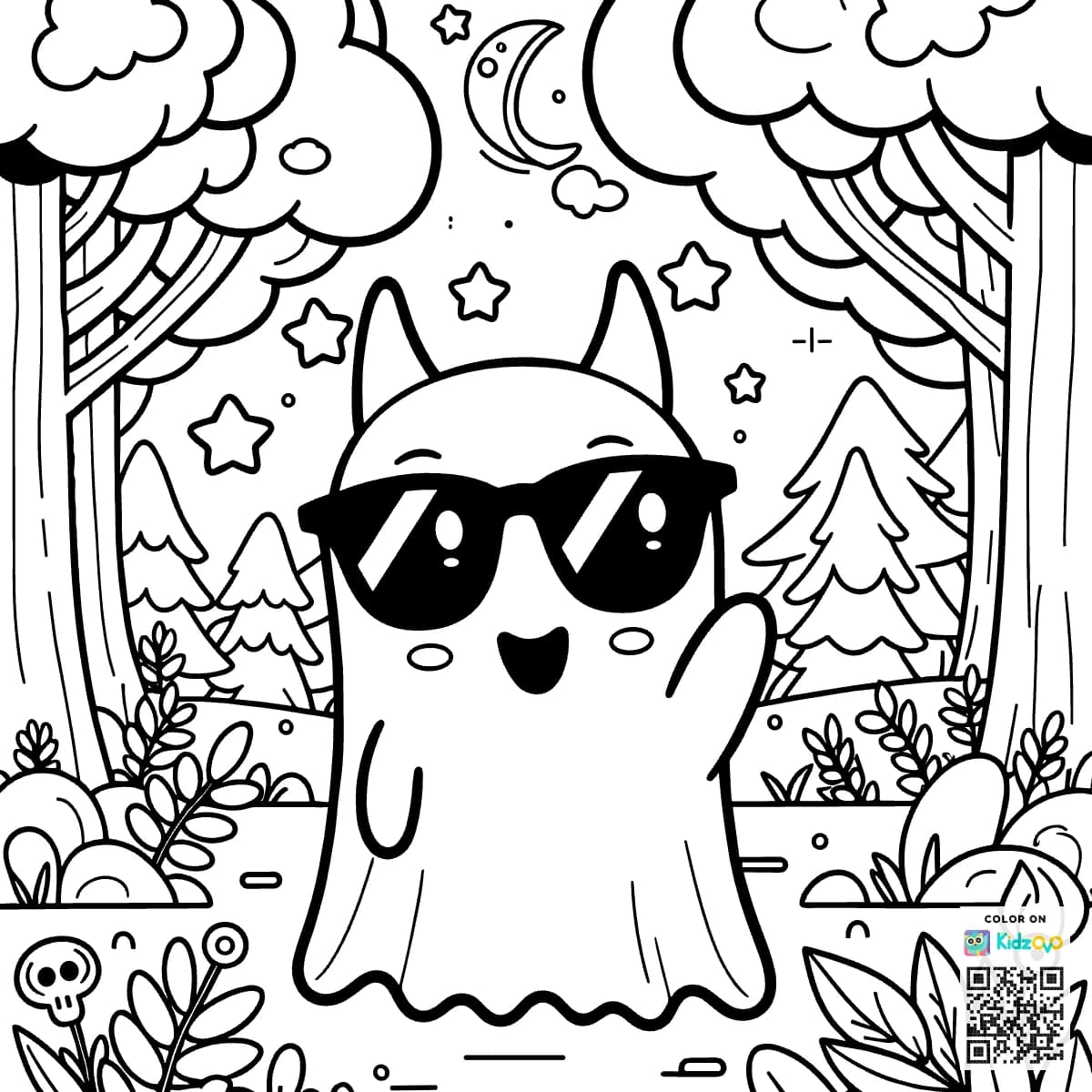 A Cute Ghost in the Magic Forest wearing Sunglasses