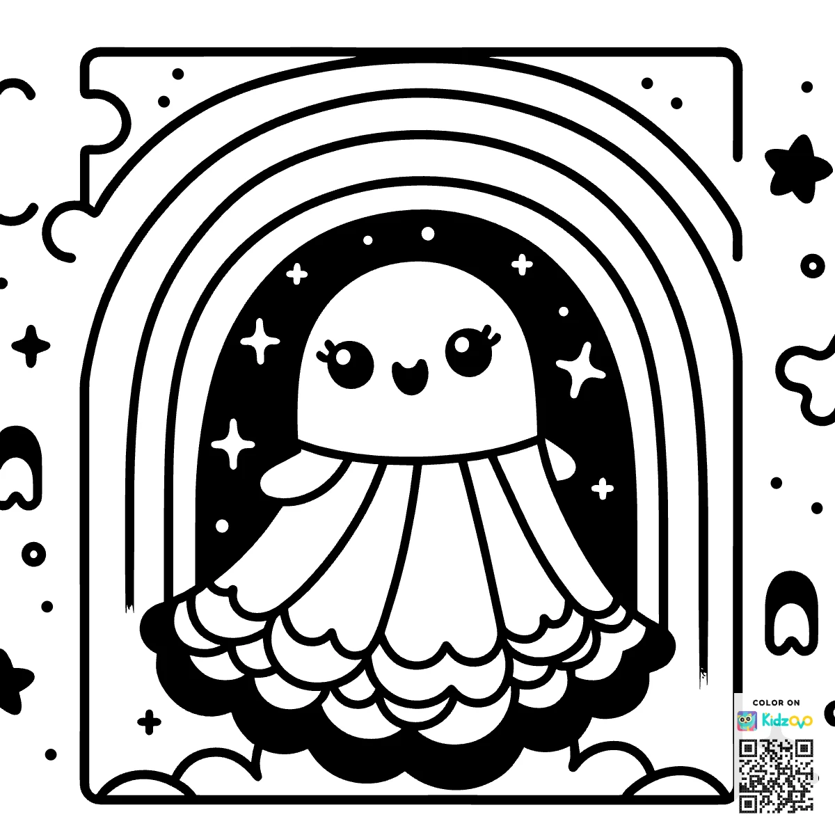 A Cute Ghost on a Rainbow wearing a beautiful dress