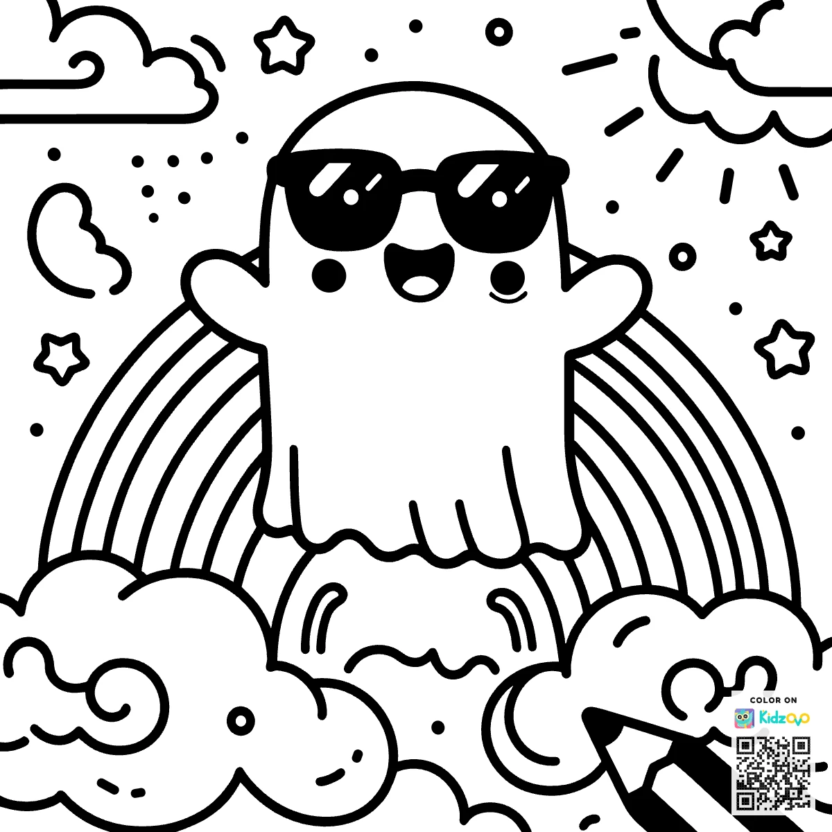 A Cute Ghost on a Rainbow wearing a Sunglasses