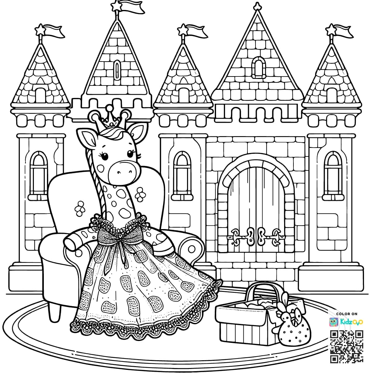 A Cute Giraffe in a Castle wearing a beautiful dress