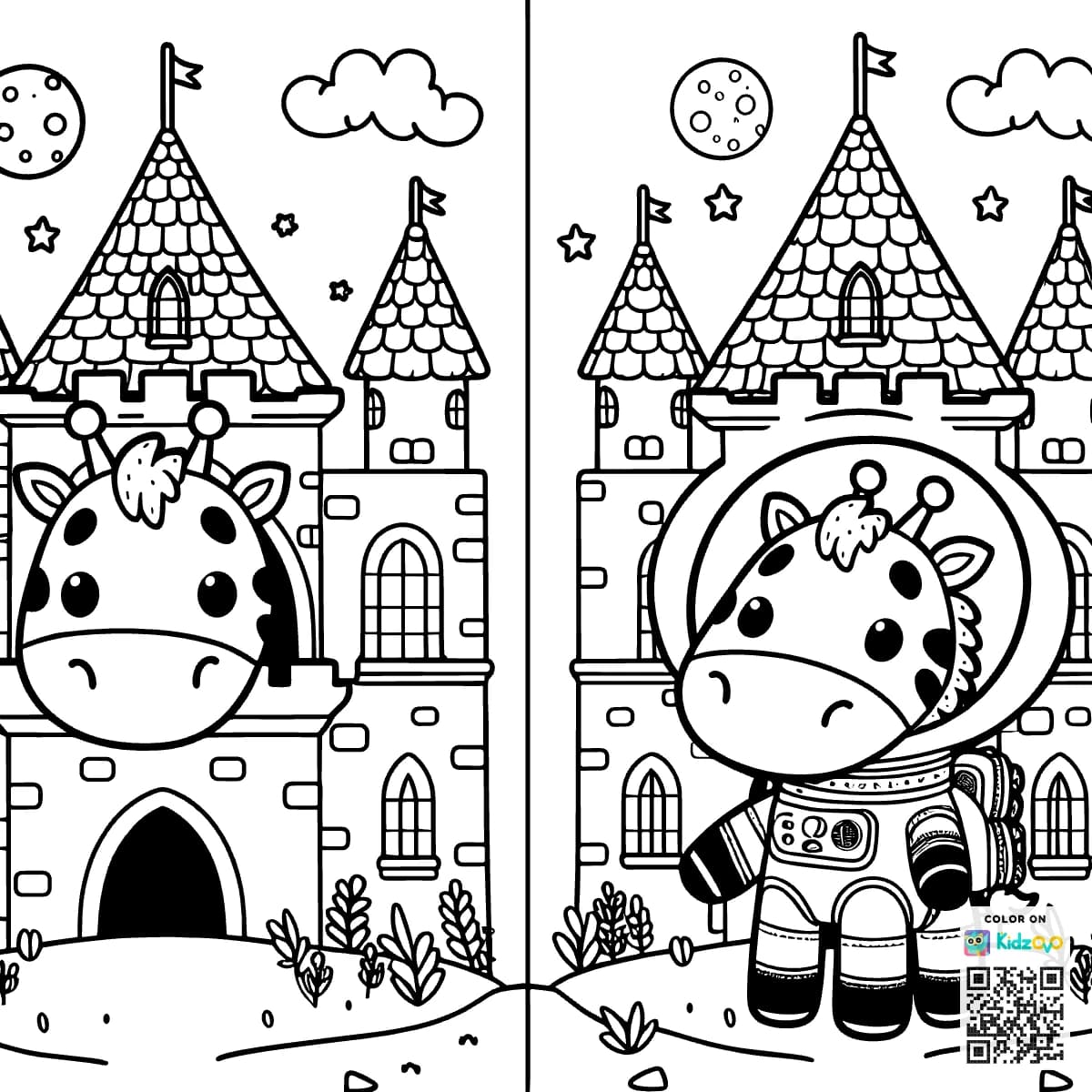 A Cute Giraffe in a Castle wearing an astronaut suit