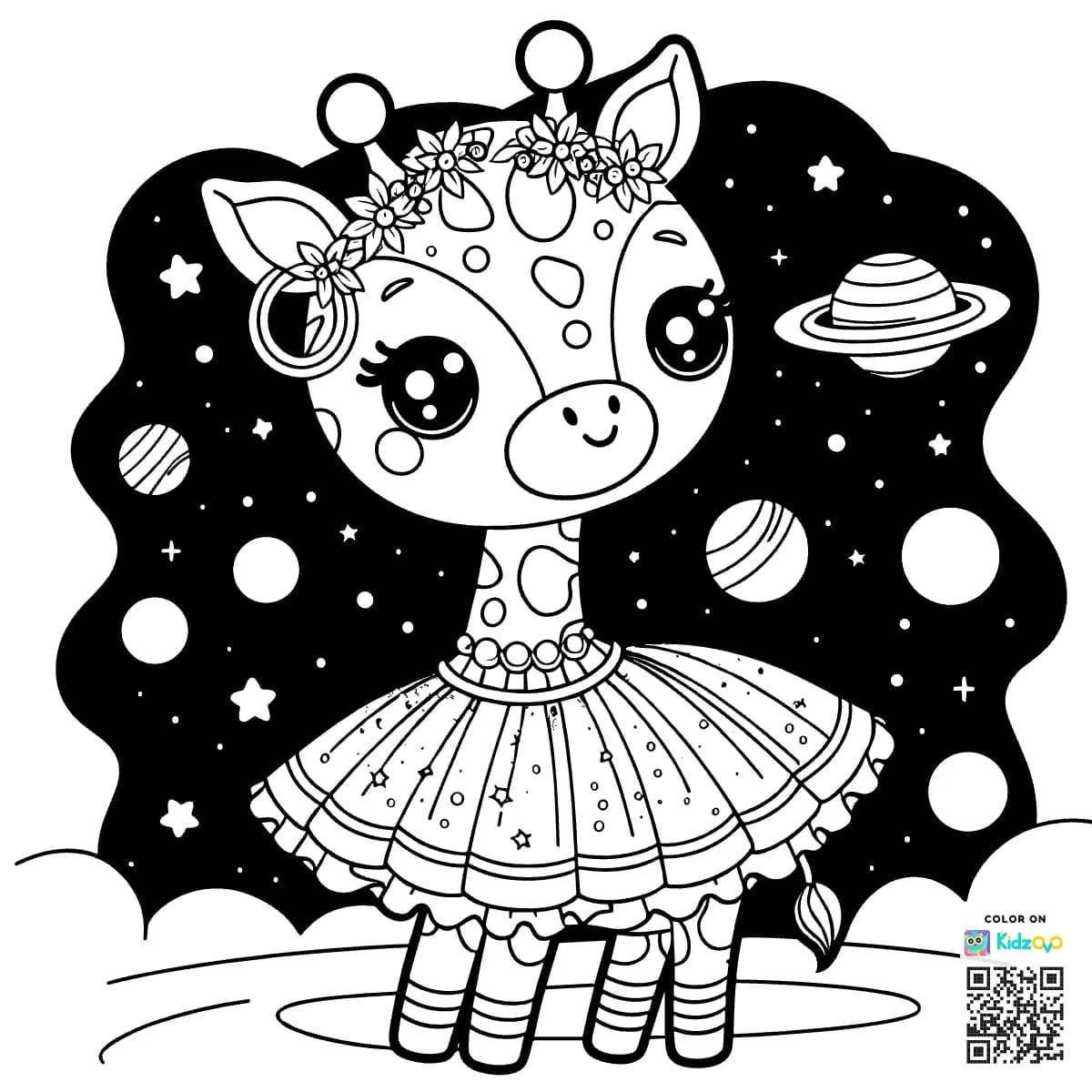 A Cute Giraffe in Space wearing a beautiful dress