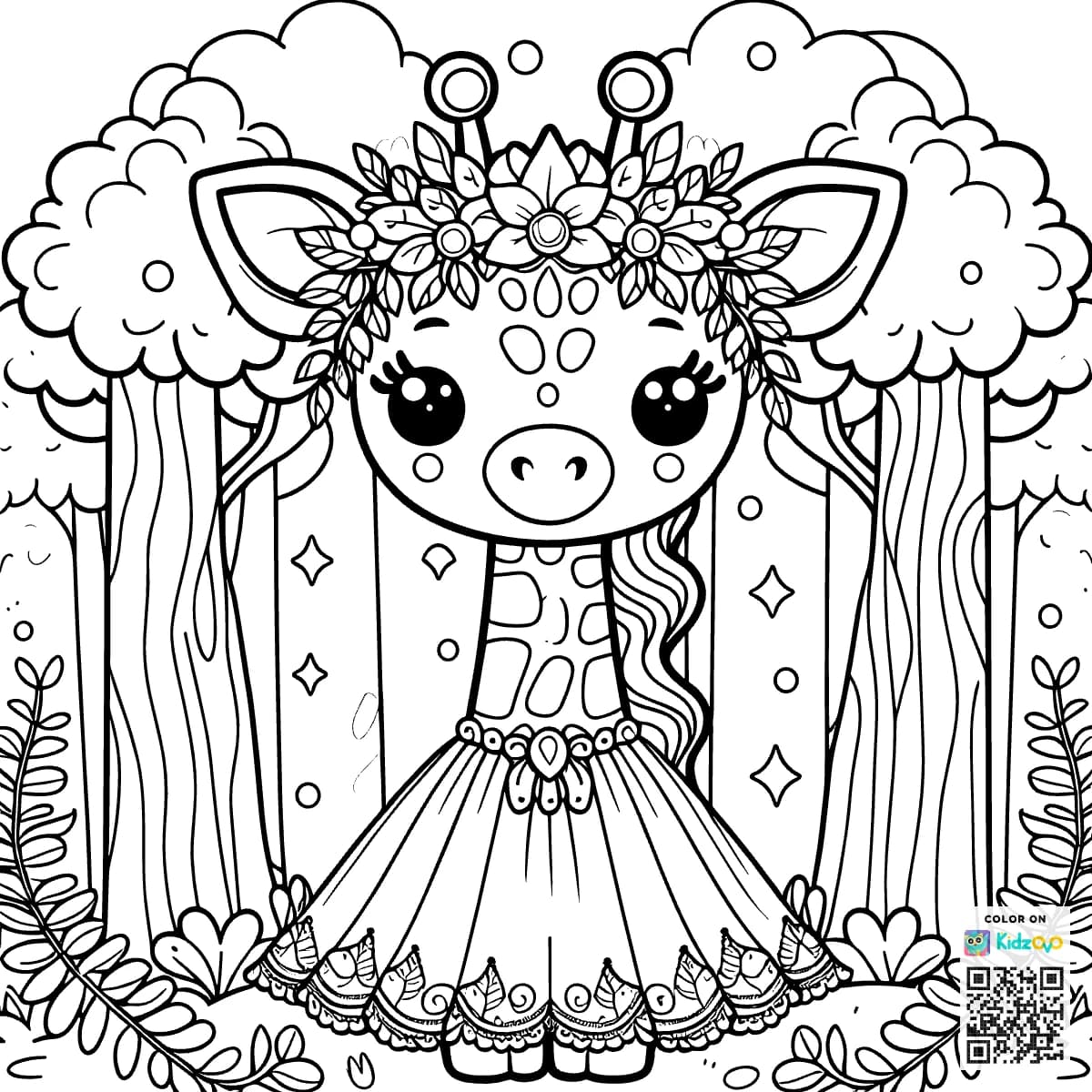 A Cute Giraffe in the Magic Forest wearing a beautiful dress