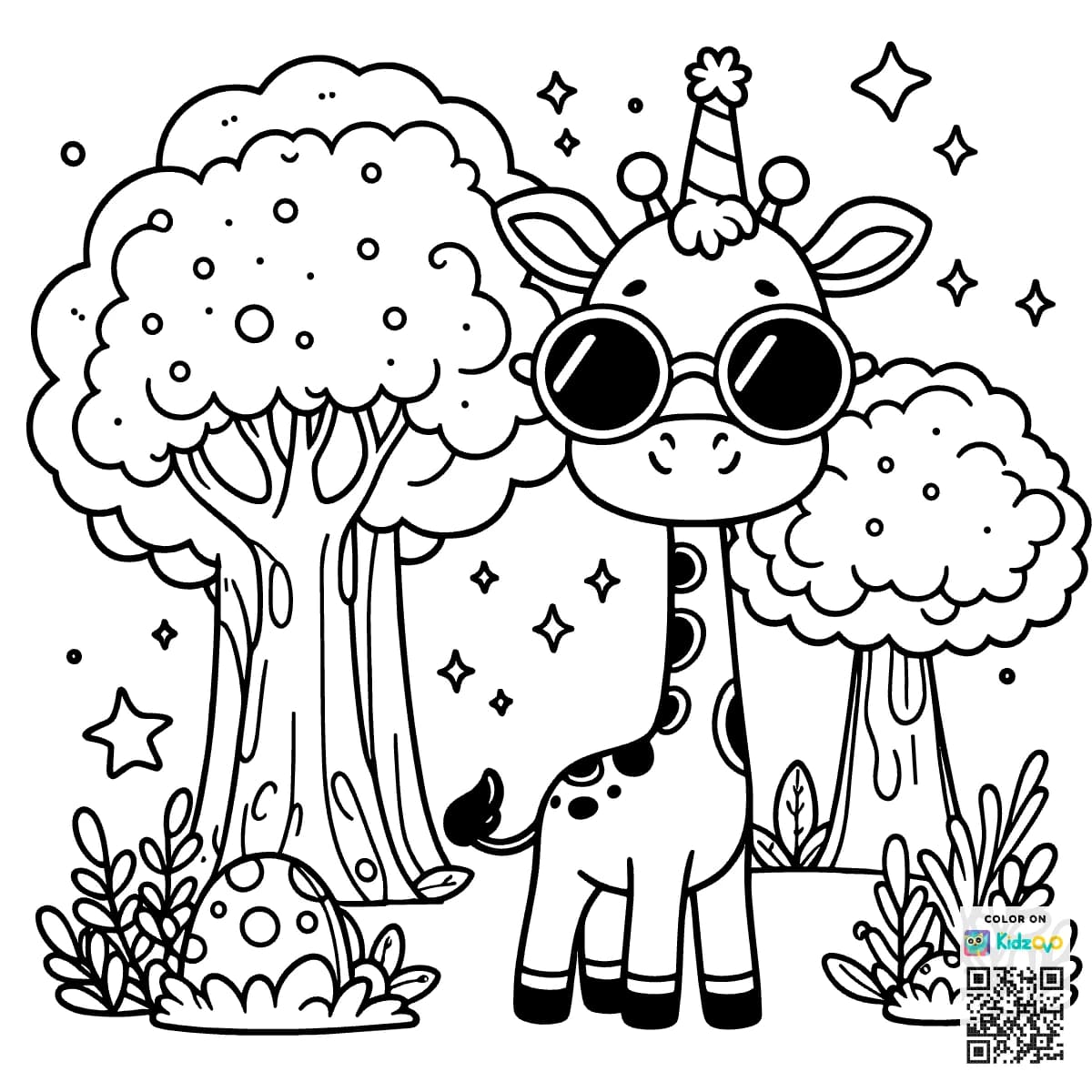 A Cute Giraffe in the Magic Forest wearing a Sunglasses