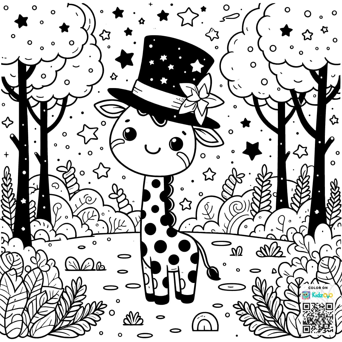 A Cute Giraffe in the Magic Forest wearing a Top Hat