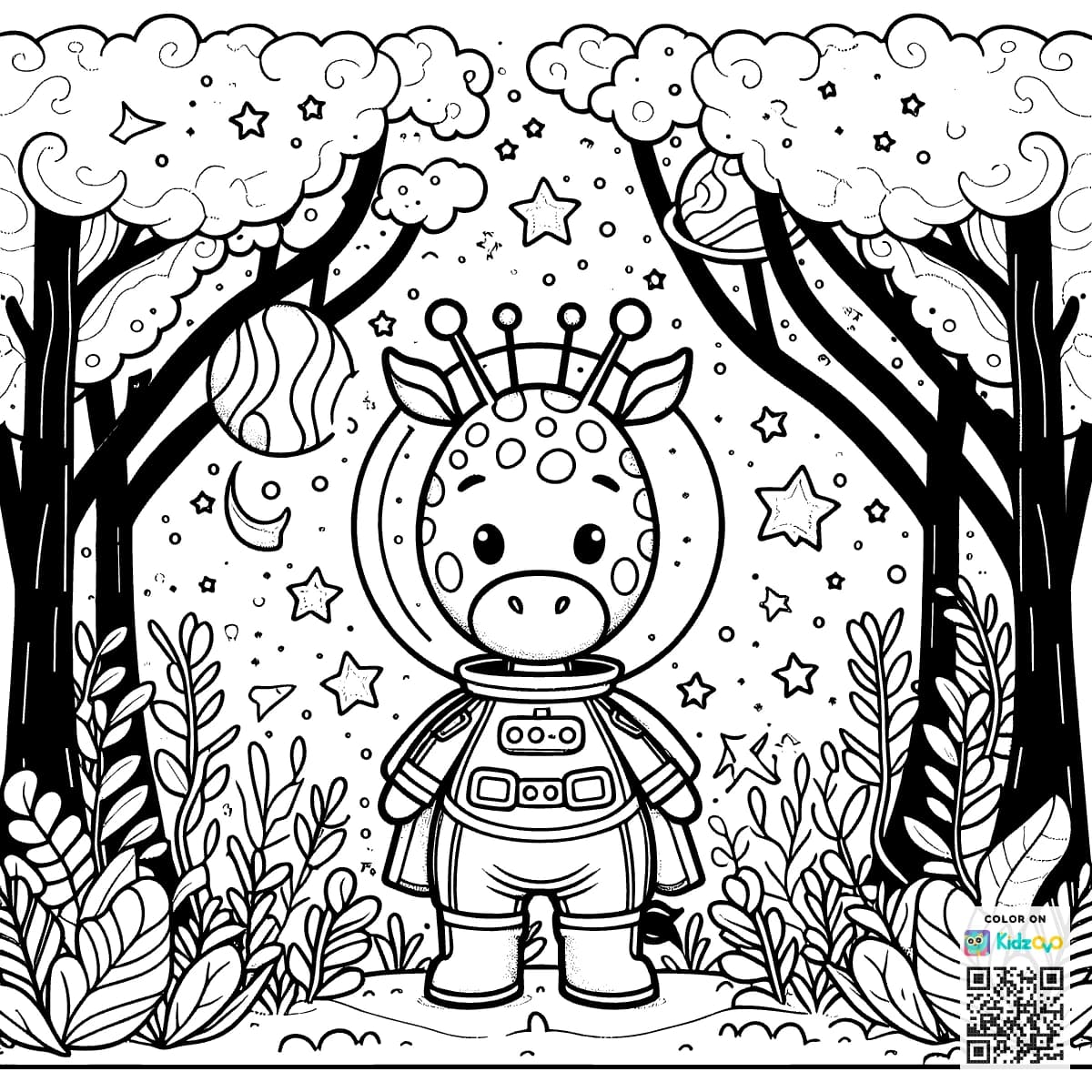 A Cute Giraffe in the Magic Forest wearing an astronaut suit