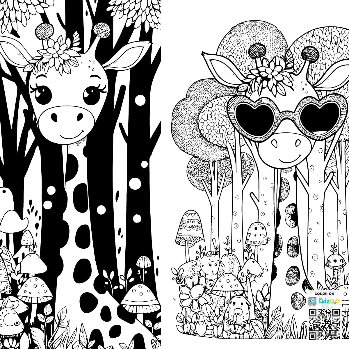 A Cute Giraffe in the Magic Forest wearing Sunglasses