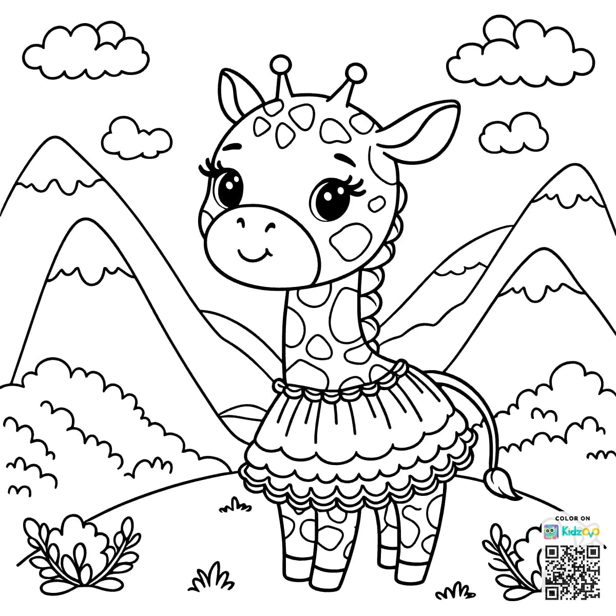 A Cute Giraffe in the Mountains wearing a beautiful dress