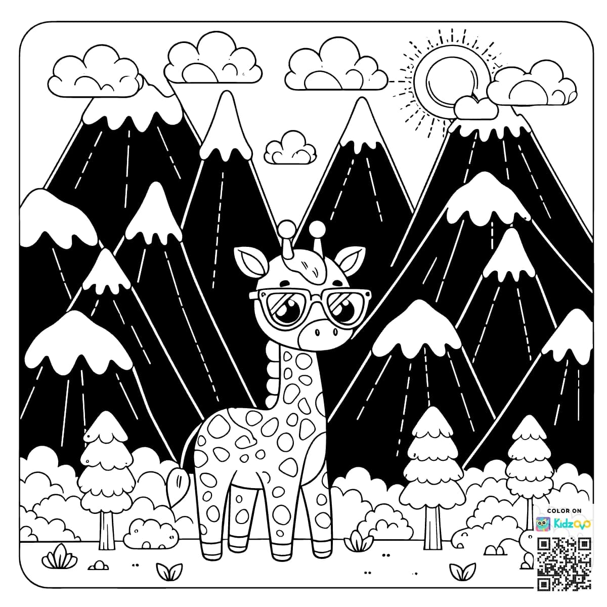 A Cute Giraffe in the Mountains wearing a Sunglasses