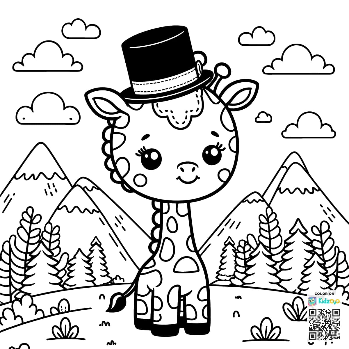 A Cute Giraffe in the Mountains wearing a Top Hat
