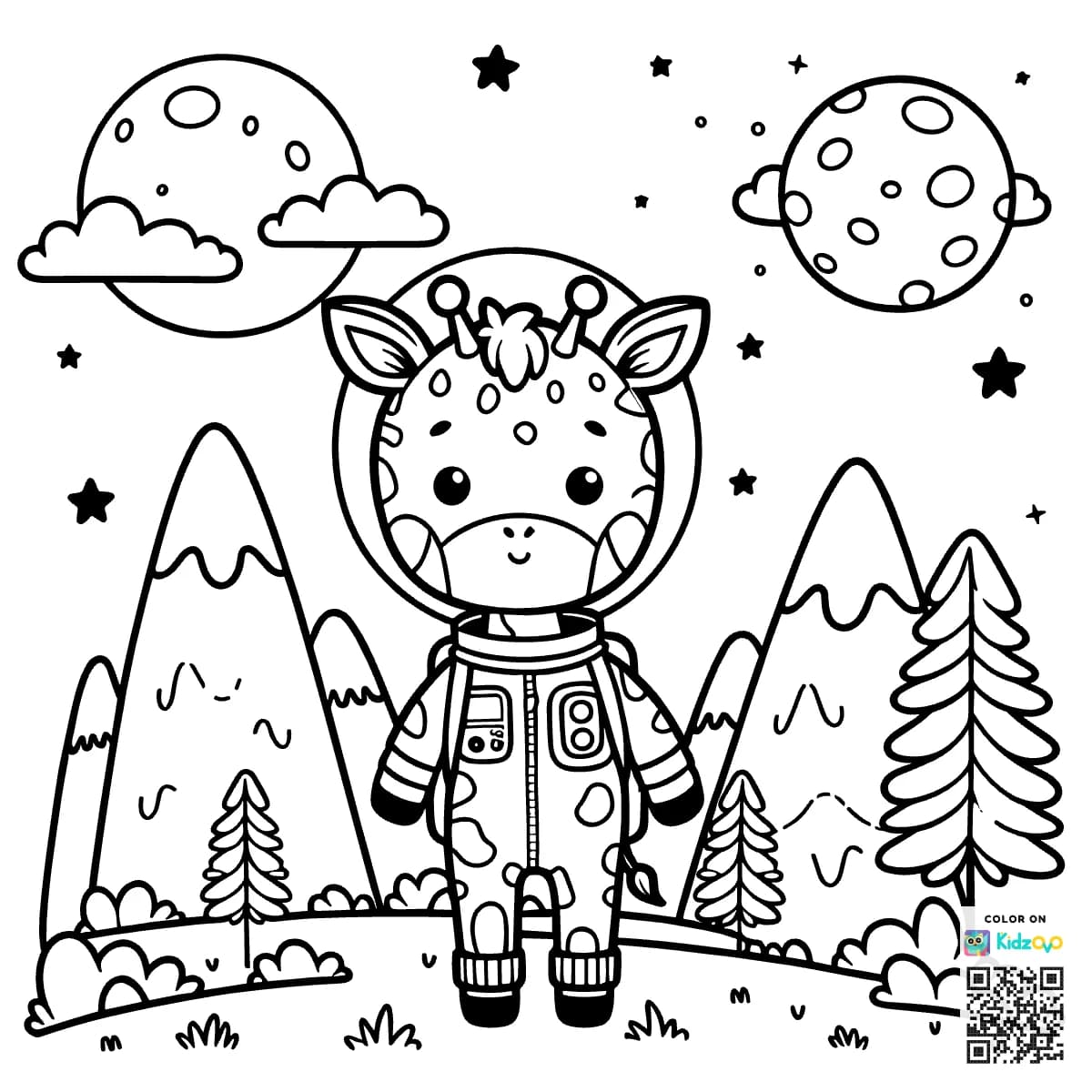 A Cute Giraffe in the Mountains wearing an astronaut suit