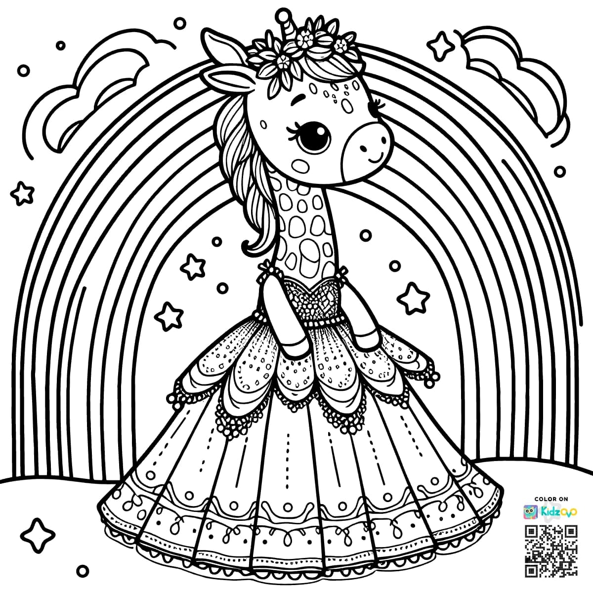 A Cute Giraffe on a Rainbow wearing a beautiful dress