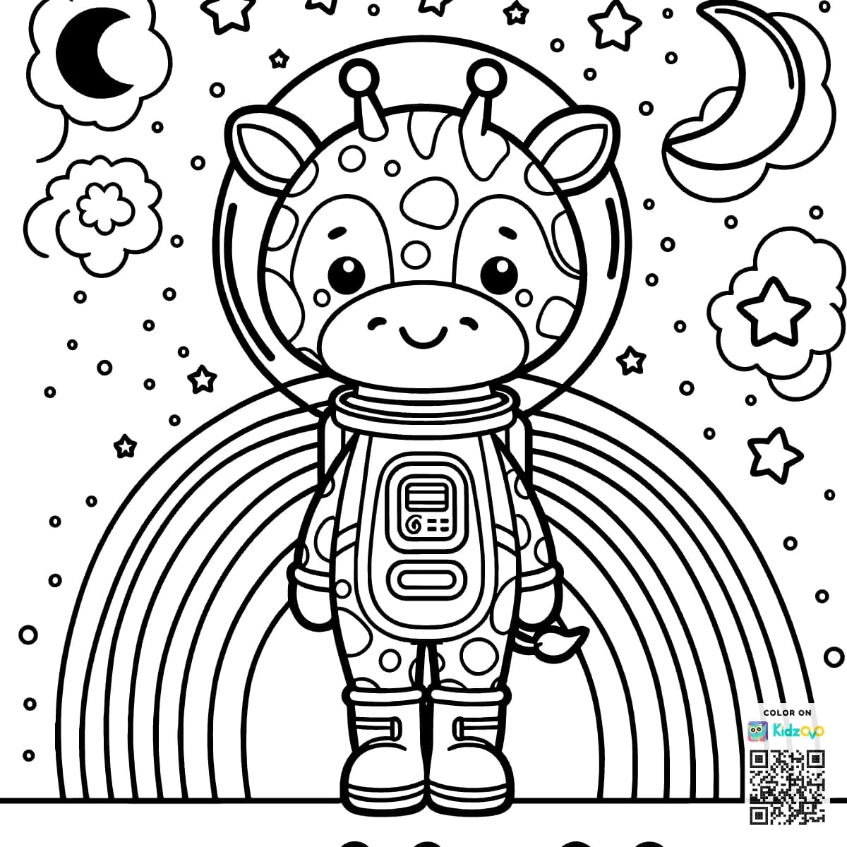 A Cute Giraffe on a Rainbow wearing an astronaut suit
