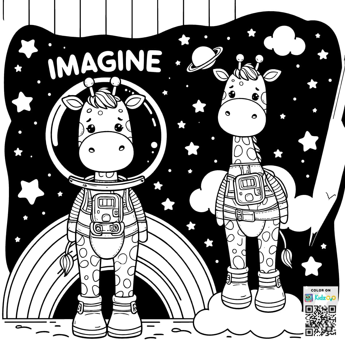 A Cute Giraffe on a Rainbow wearing an astronaut suit