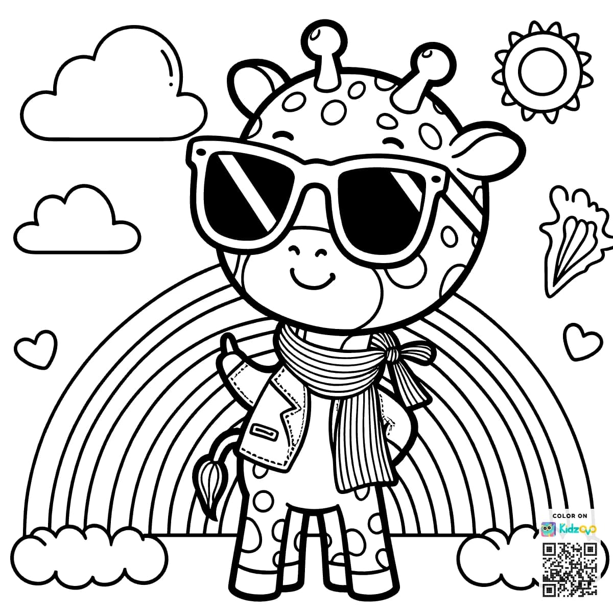 A Cute Giraffe on a Rainbow wearing Sunglasses