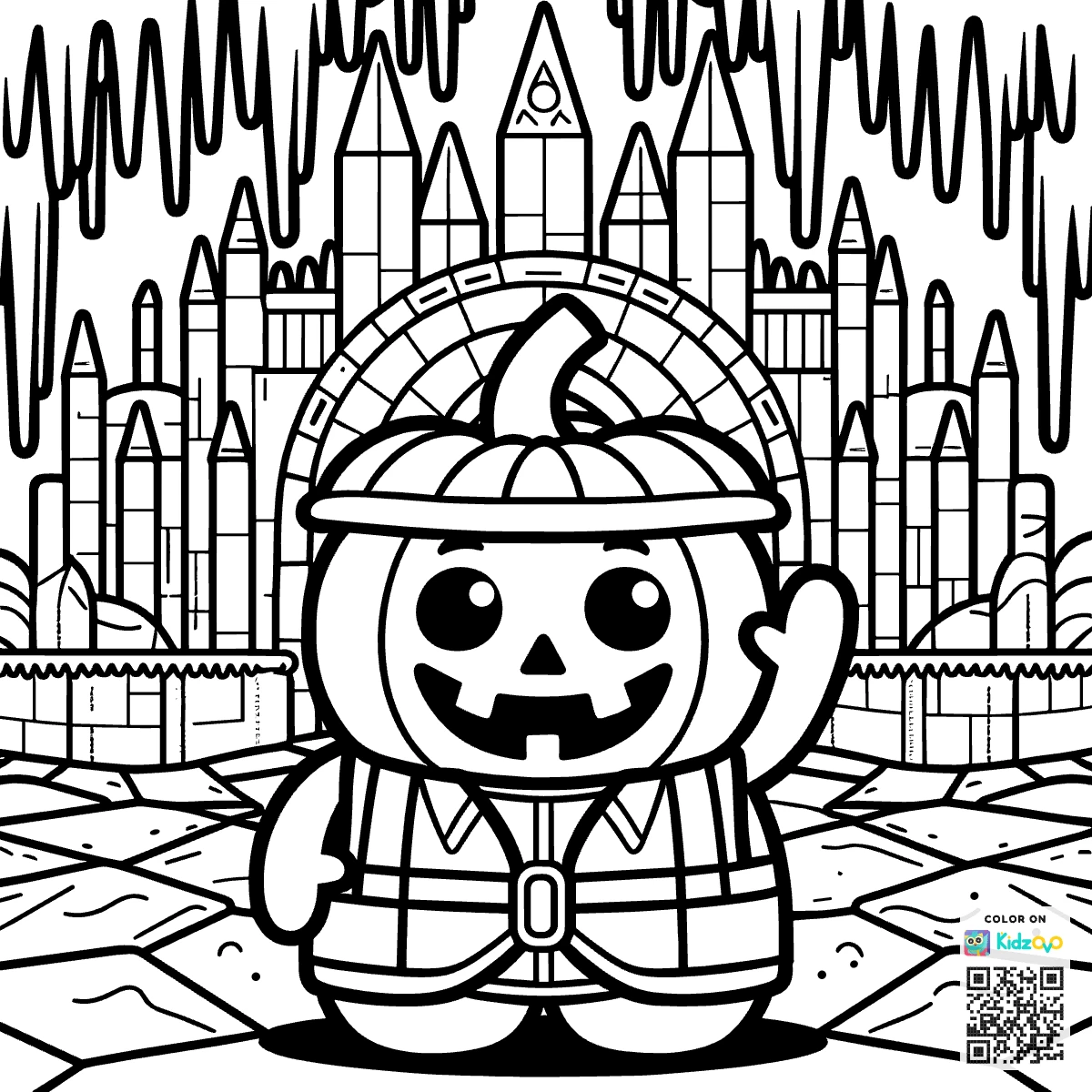 A Cute Jack-o'-Lantern in an Ice Palace wearing a Safety Vest