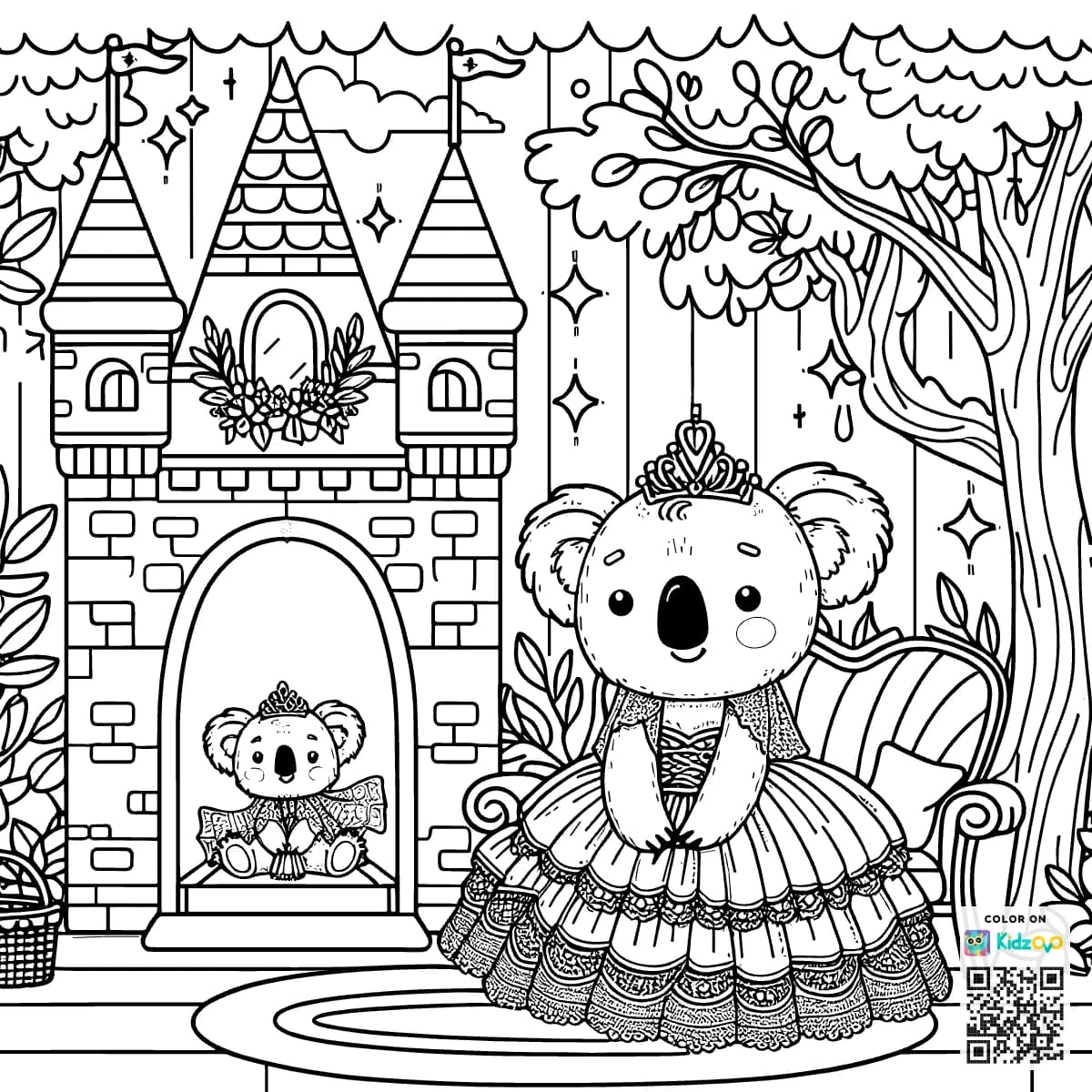 A Cute Koala in a Castle wearing a beautiful dress