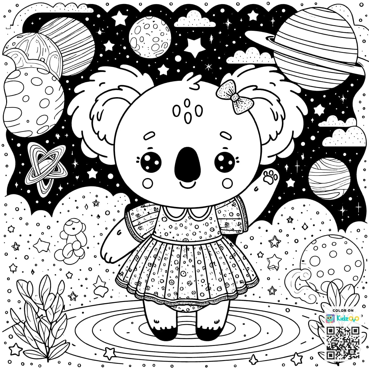 A Cute Koala in Space wearing a beautiful dress