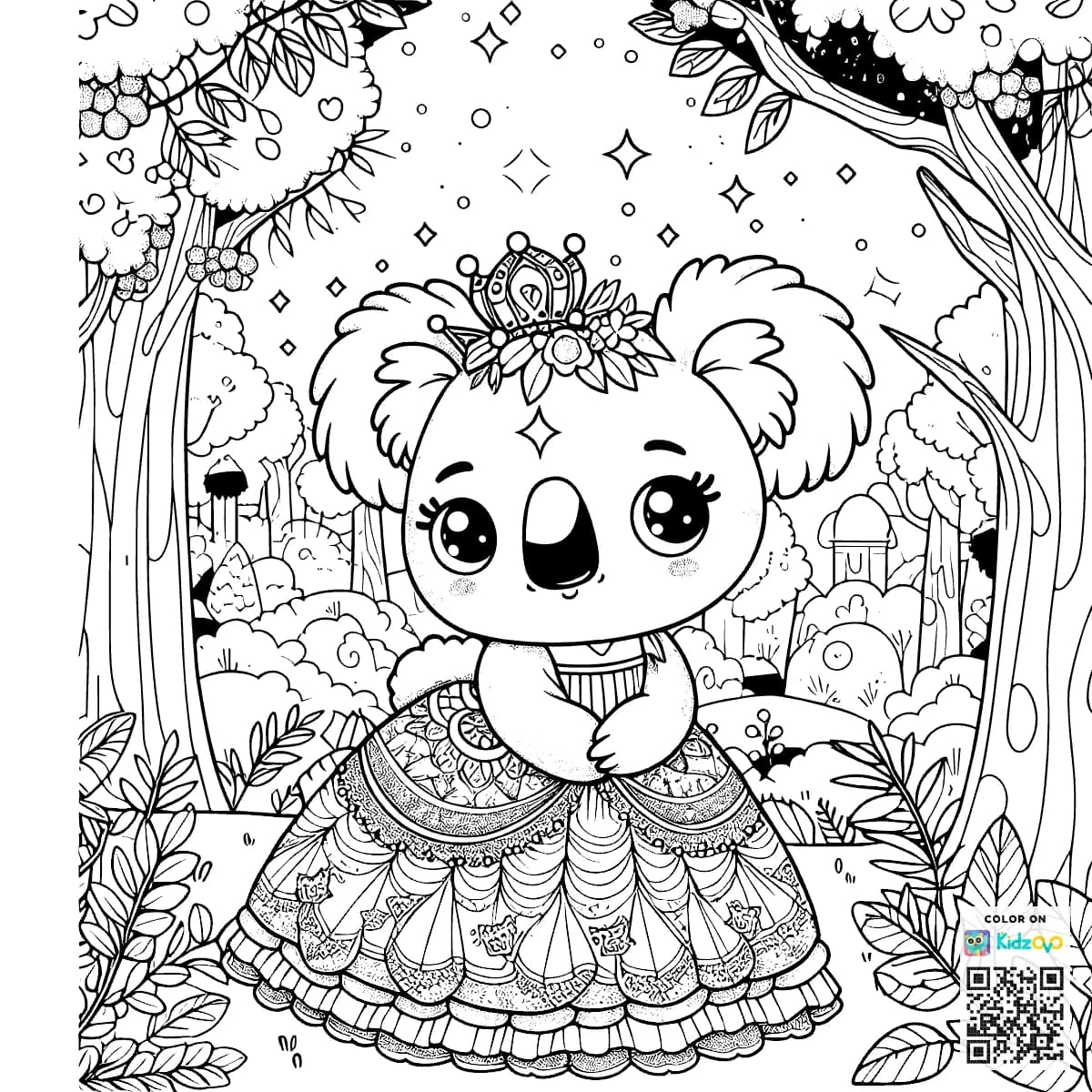 A Cute Koala in the Magic Forest wearing a beautiful dress