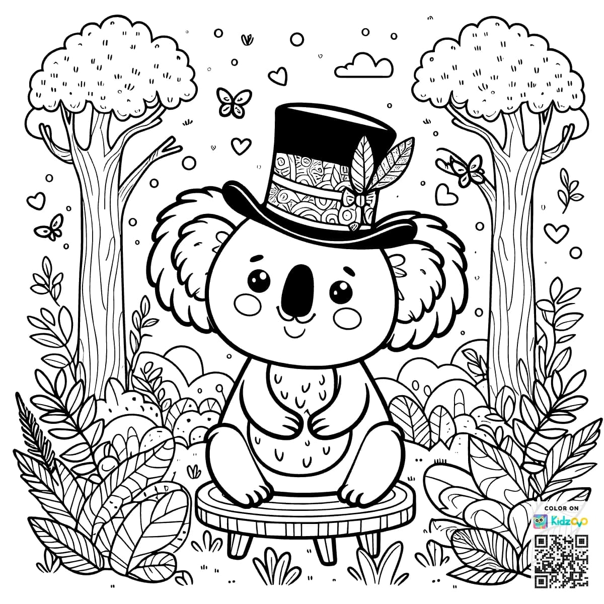 A Cute Koala in the Magic Forest wearing a Top Hat