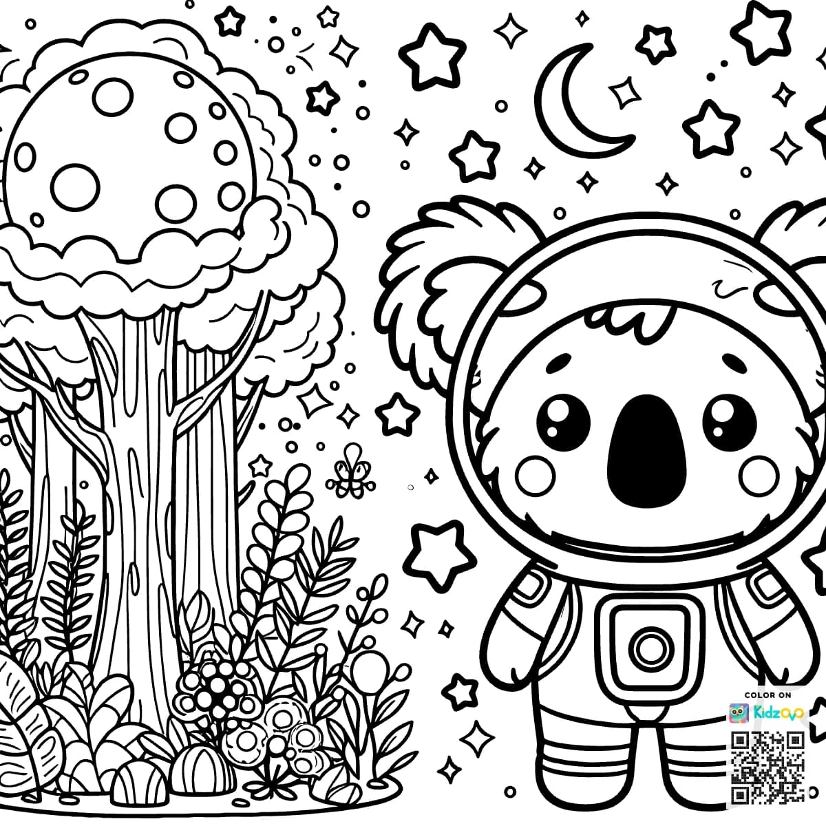 A Cute Koala in the Magic Forest wearing an astronaut suit