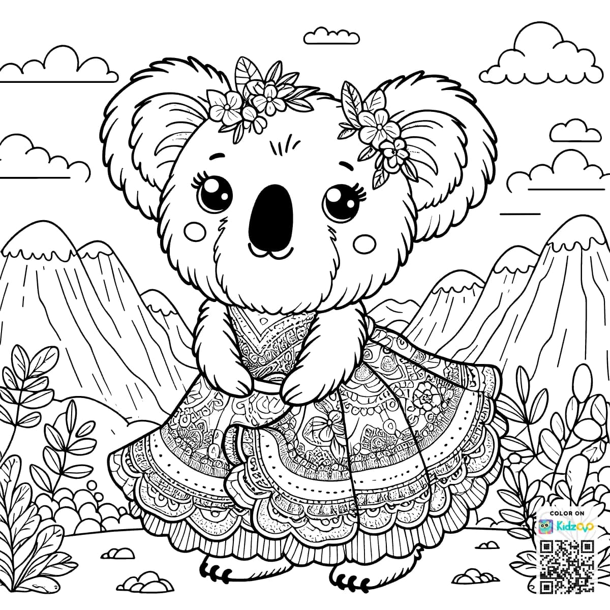 A Cute Koala in the Mountains wearing a beautiful dress
