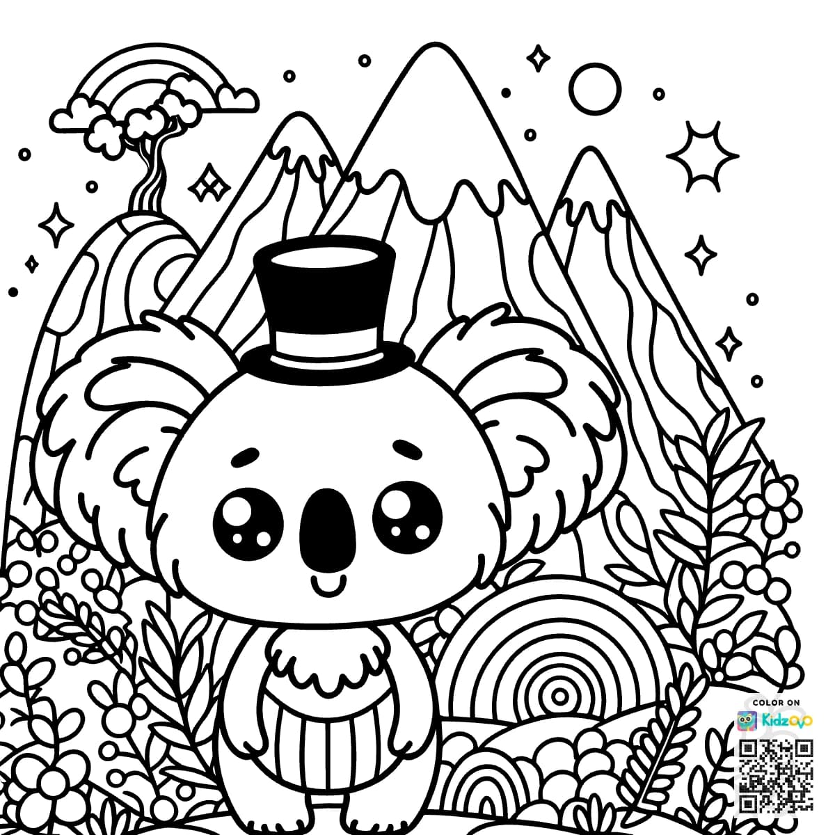 A Cute Koala in the Mountains wearing a Top Hat