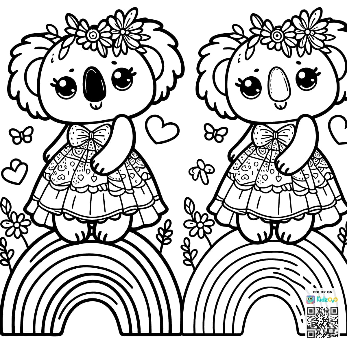 A Cute Koala on a Rainbow wearing a beautiful dress