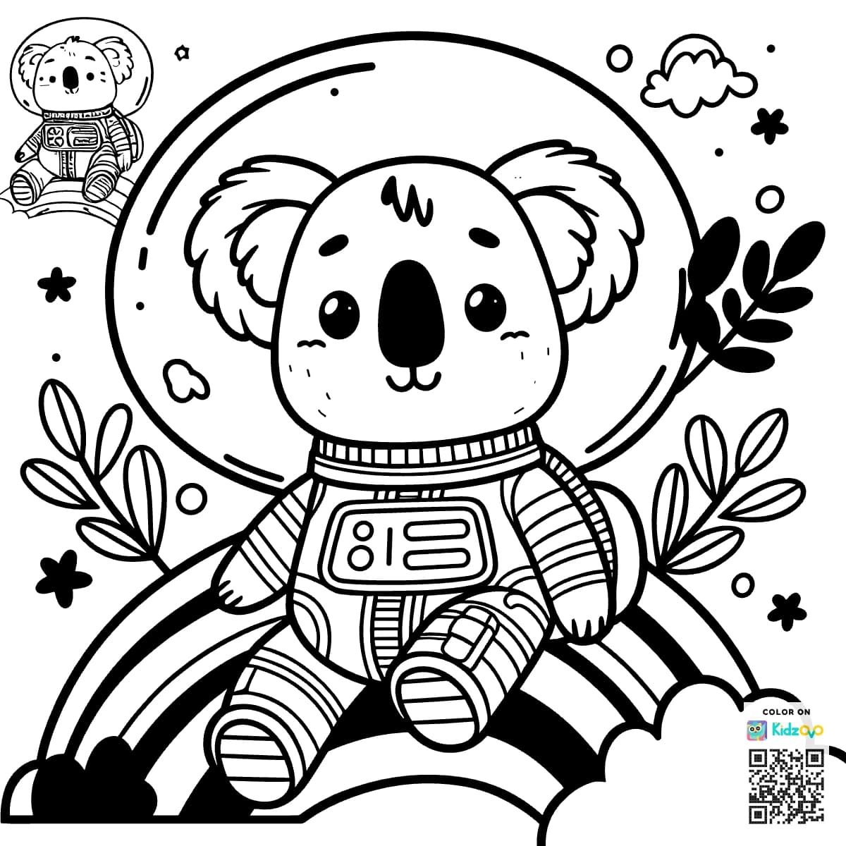 A Cute Koala on a Rainbow wearing an astronaut suit