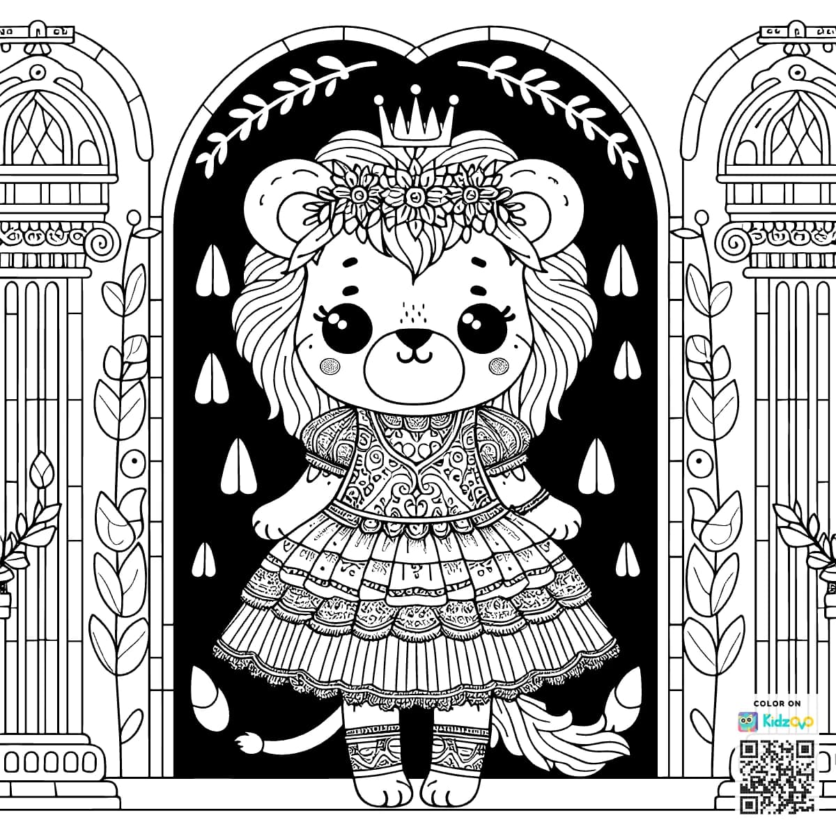 A Cute Lion in a Castle wearing a beautiful dress