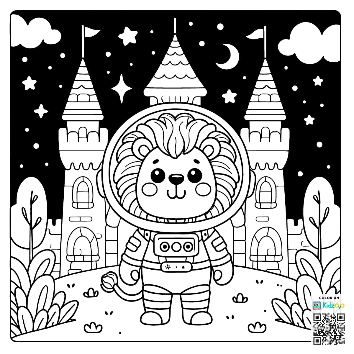 A Cute Lion in a Castle wearing an astronaut suit