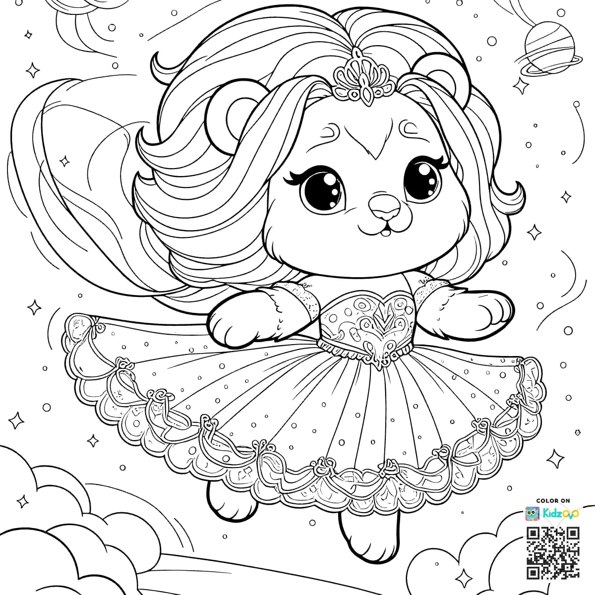 A Cute Lion in Space wearing a beautiful dress