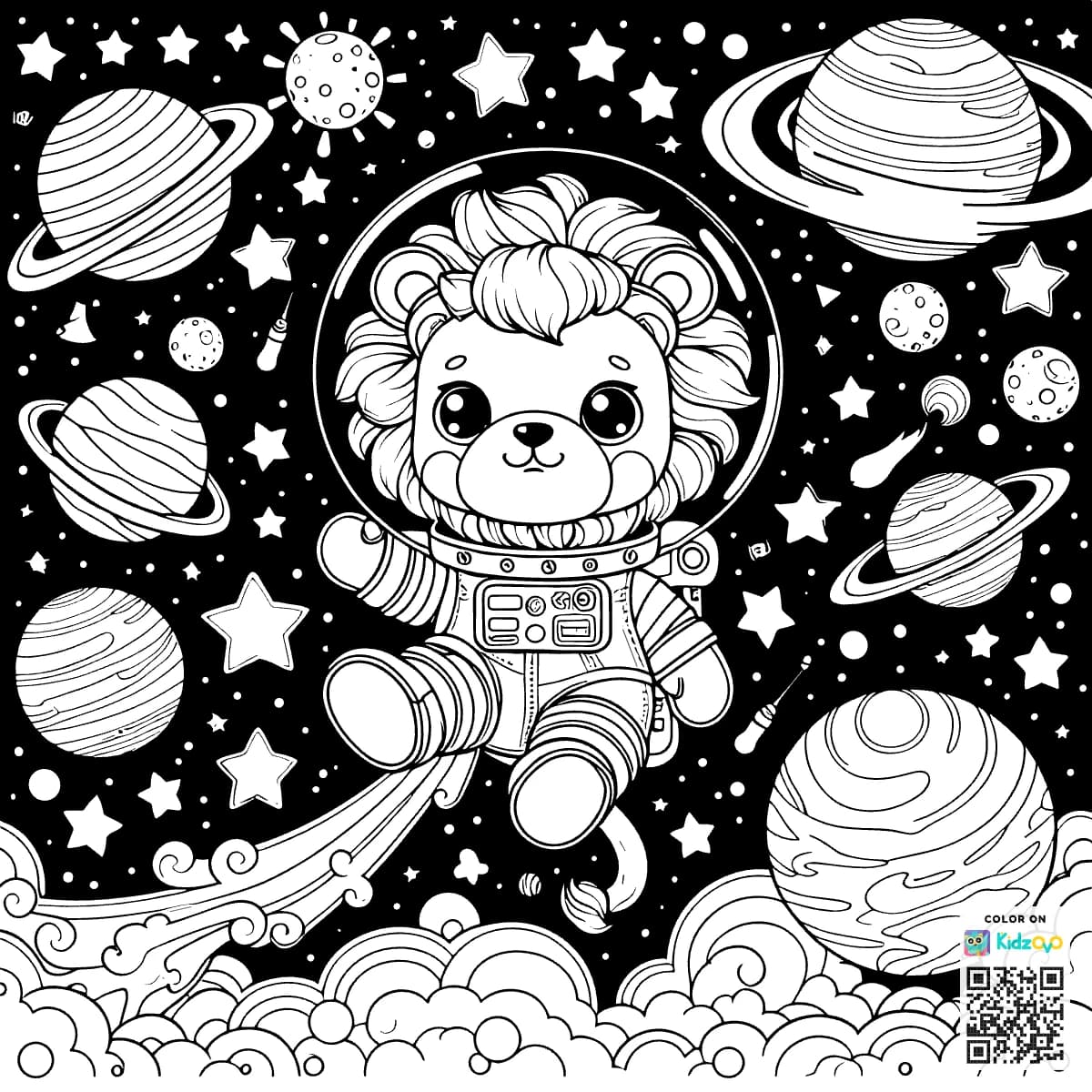 A Cute Lion in Space wearing an astronaut suit