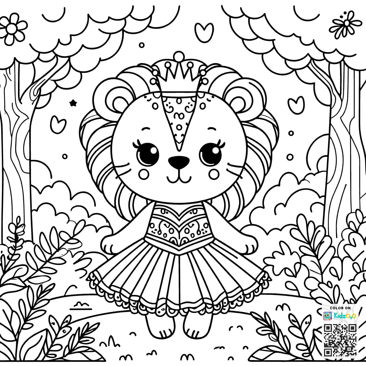 A Cute Lion in the Magic Forest wearing a beautiful dress
