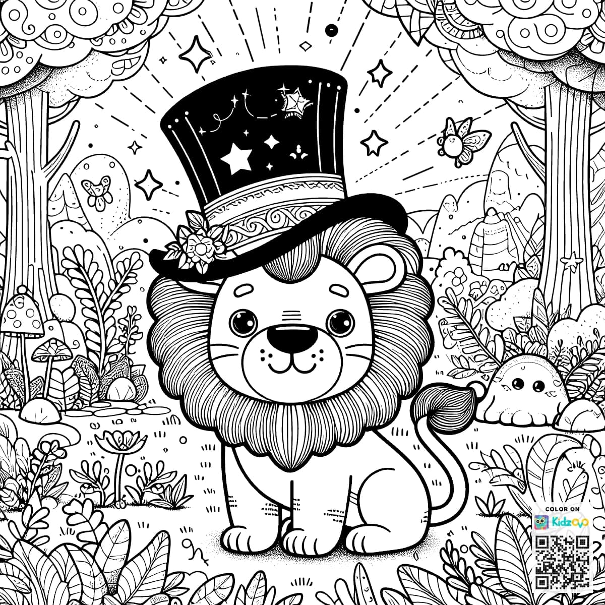 A Cute Lion in the Magic Forest wearing a Top Hat