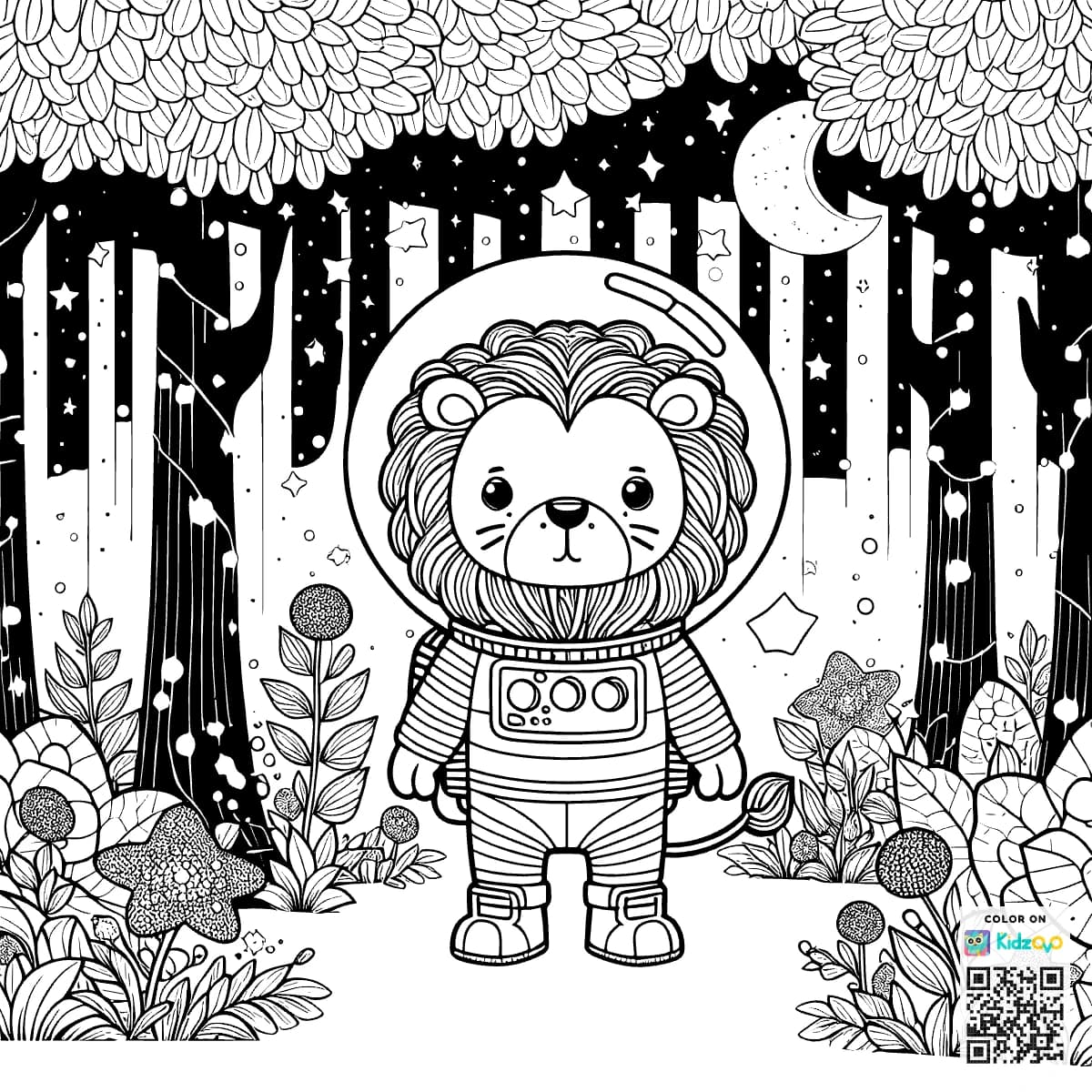 A Cute Lion in the Magic Forest wearing an astronaut suit