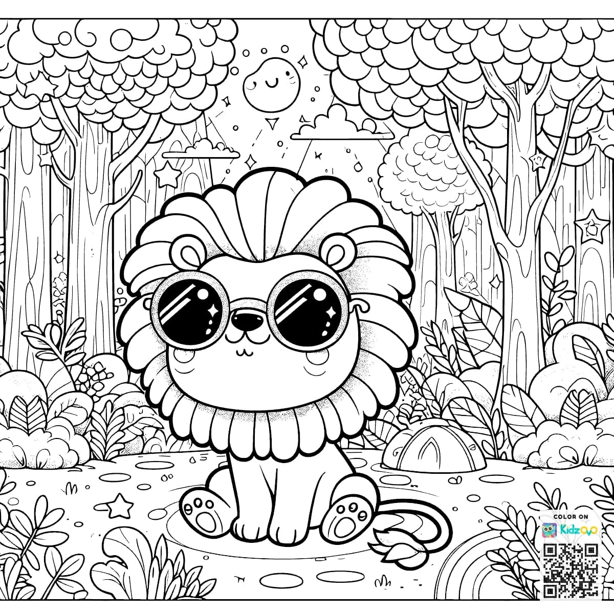 A Cute Lion in the Magic Forest wearing Sunglasses